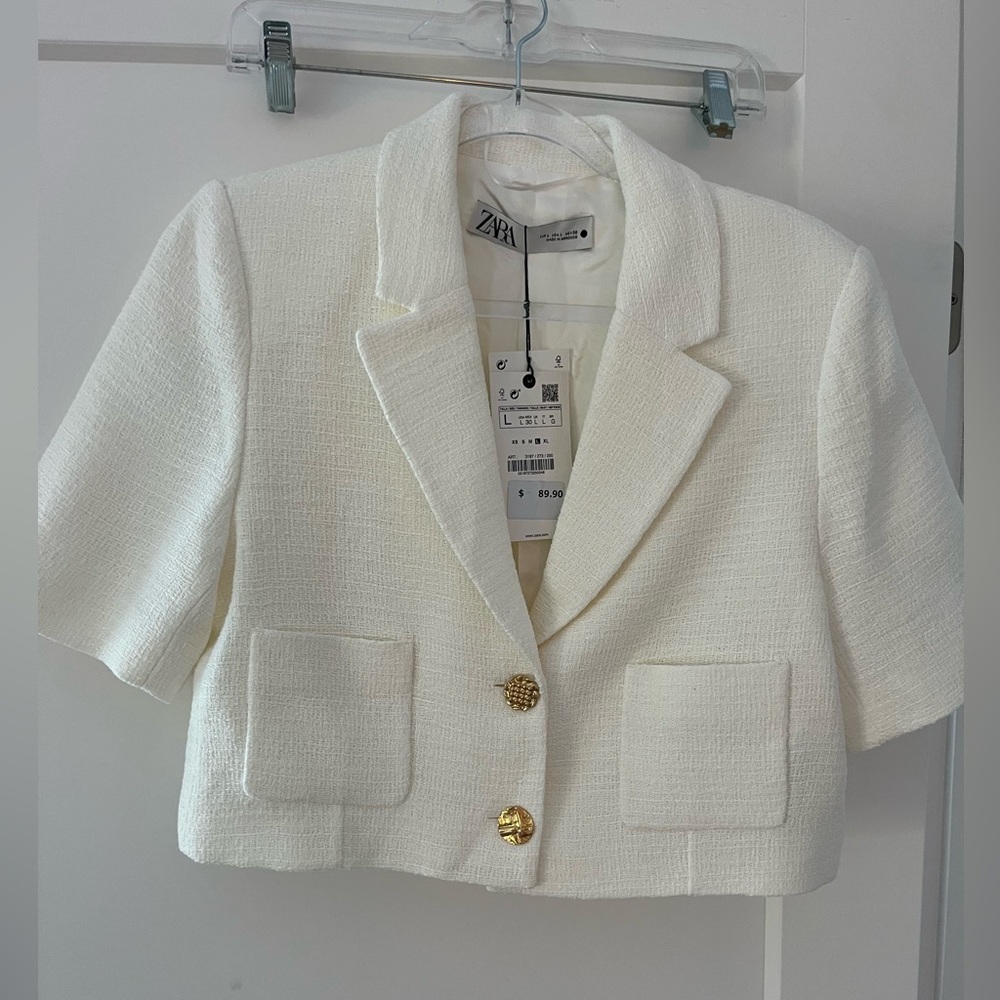 Zara New White Short Sleeve Cropped Blazer Top